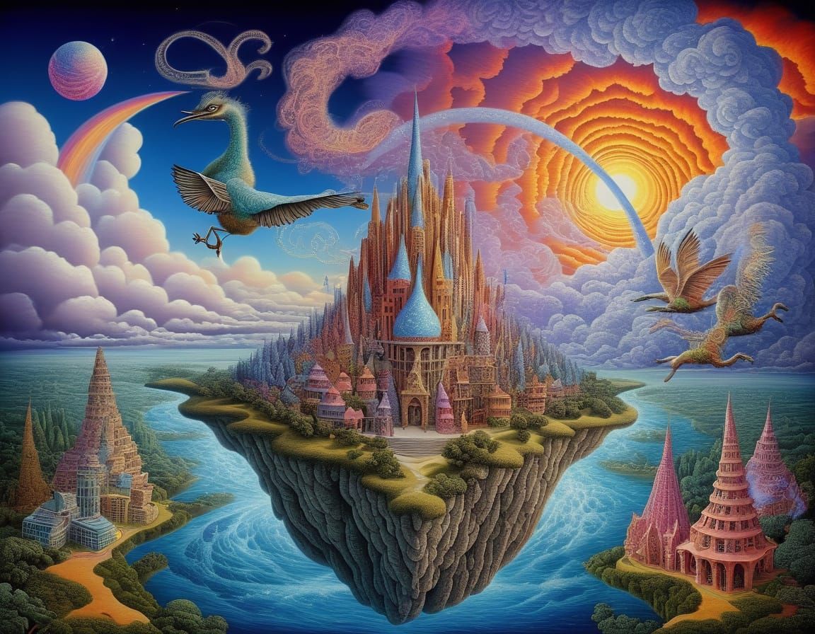 Floating City in Clouds with Brutalist Psychedelic Architect...