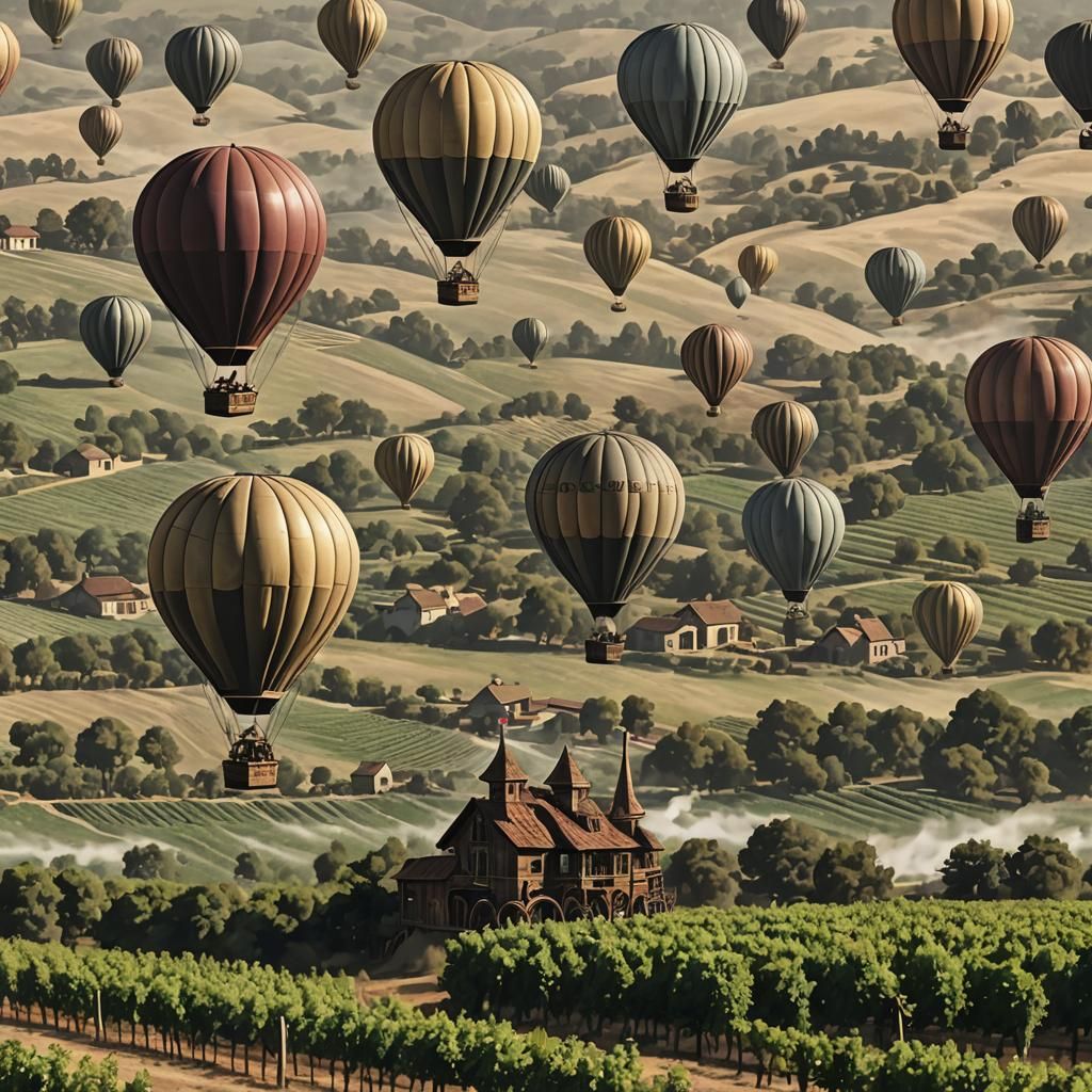 Napa Valley Vineyard with Steampunk Hot Air Balloons