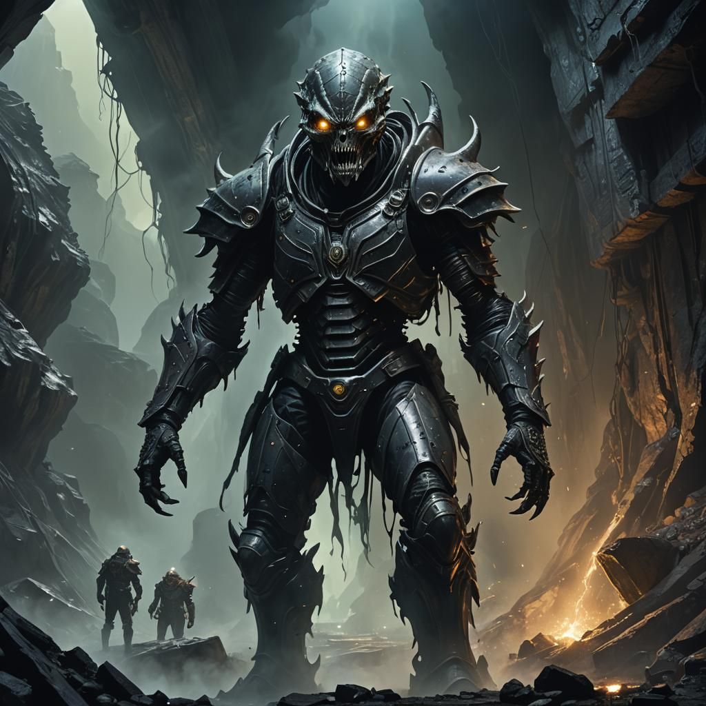 Alien Corpse Guarding Mine Entrance in Dark Fantasy