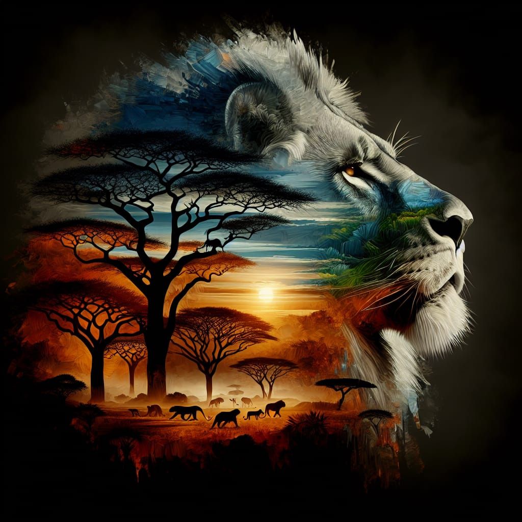Lion and Savanna Fusion in Stained Glass Style