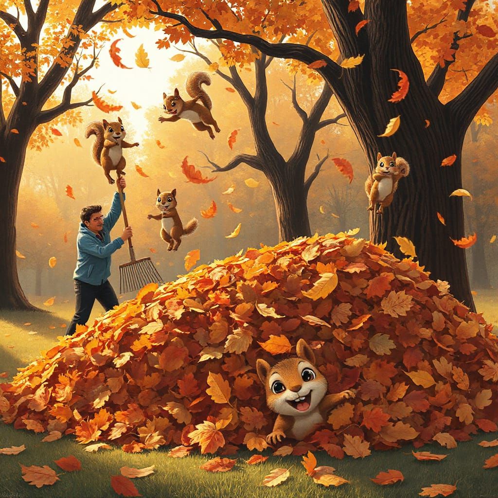 Man Raking Leaves as Squirrels Jump In