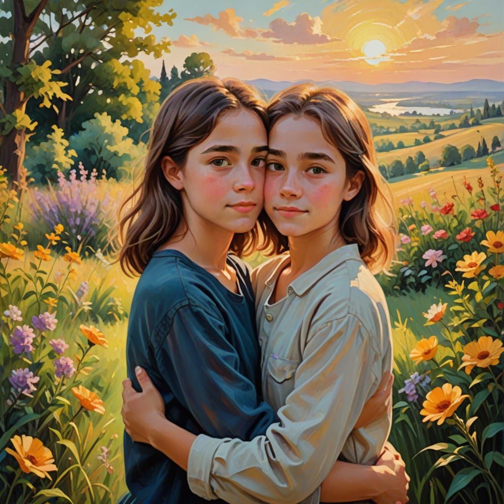 Young Lovers Embracing in an Idyllic Landscape