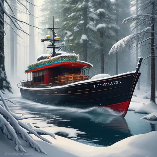 Hyperrealistic Boat in Snowy Forest with Flowers