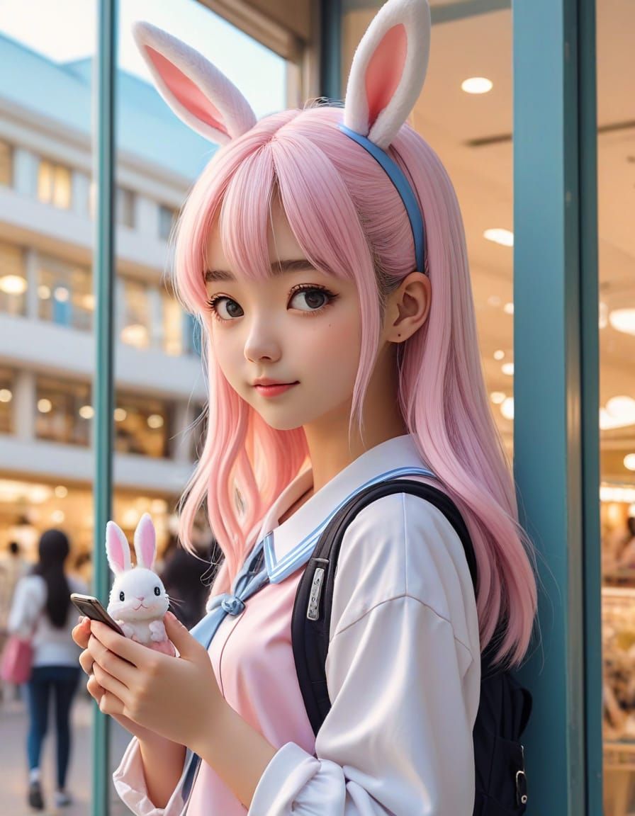 Japanese Schoolgirl Window Shopping in Pastel Anime Style
