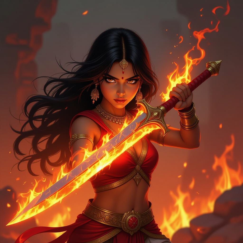Fire Princess Wielding Flaming Sword in Inferno