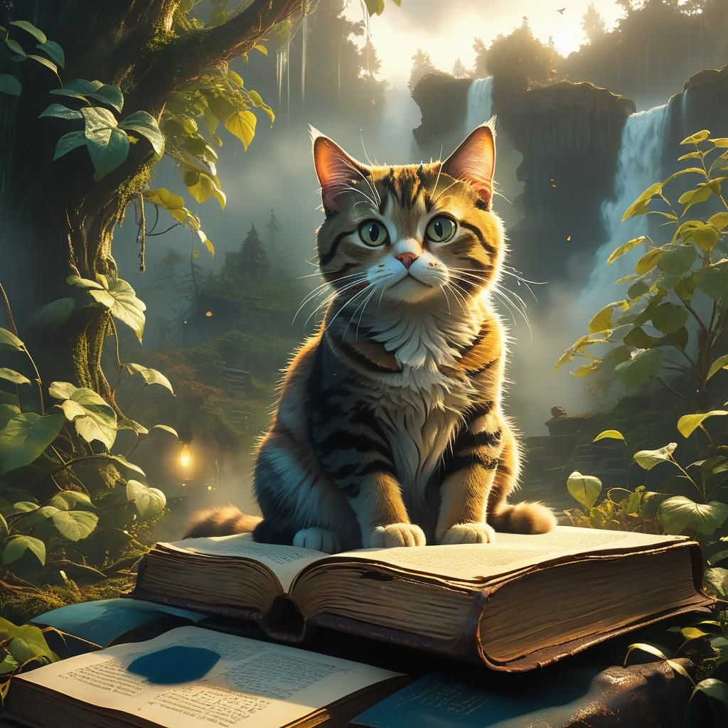 Cat on Ancient Book: Epic Cinematic Digital Art
