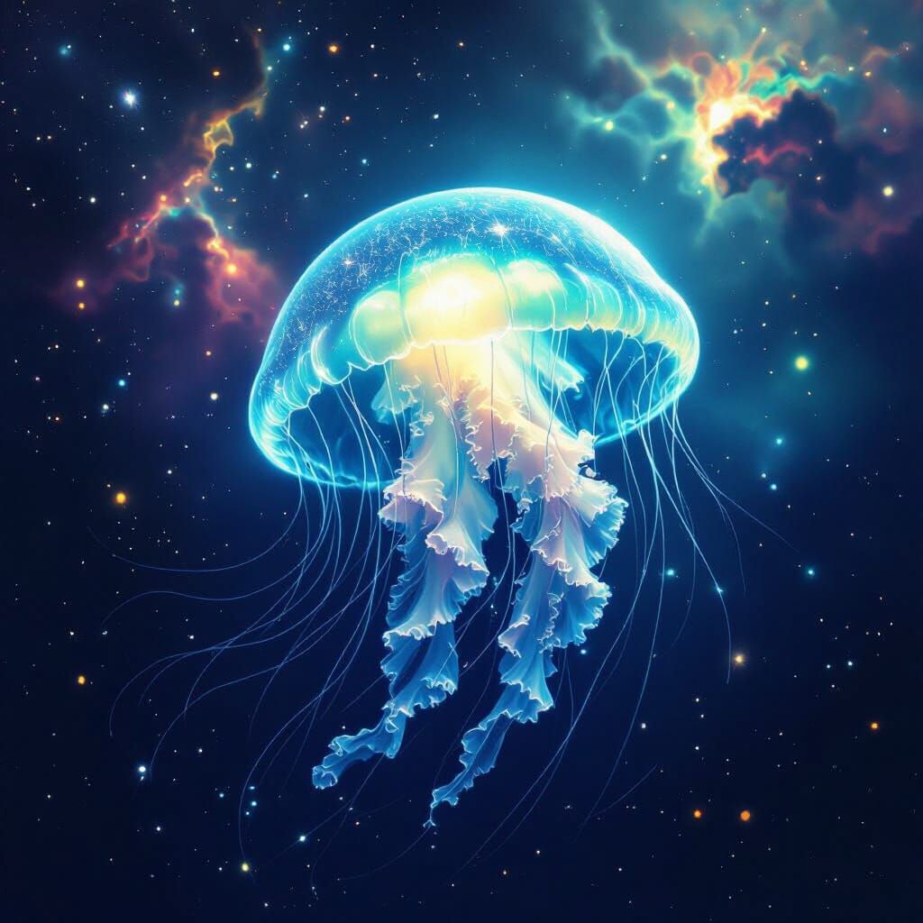 Bioluminescent Jellyfish Drifting Through Nebula, Art Nouvea...