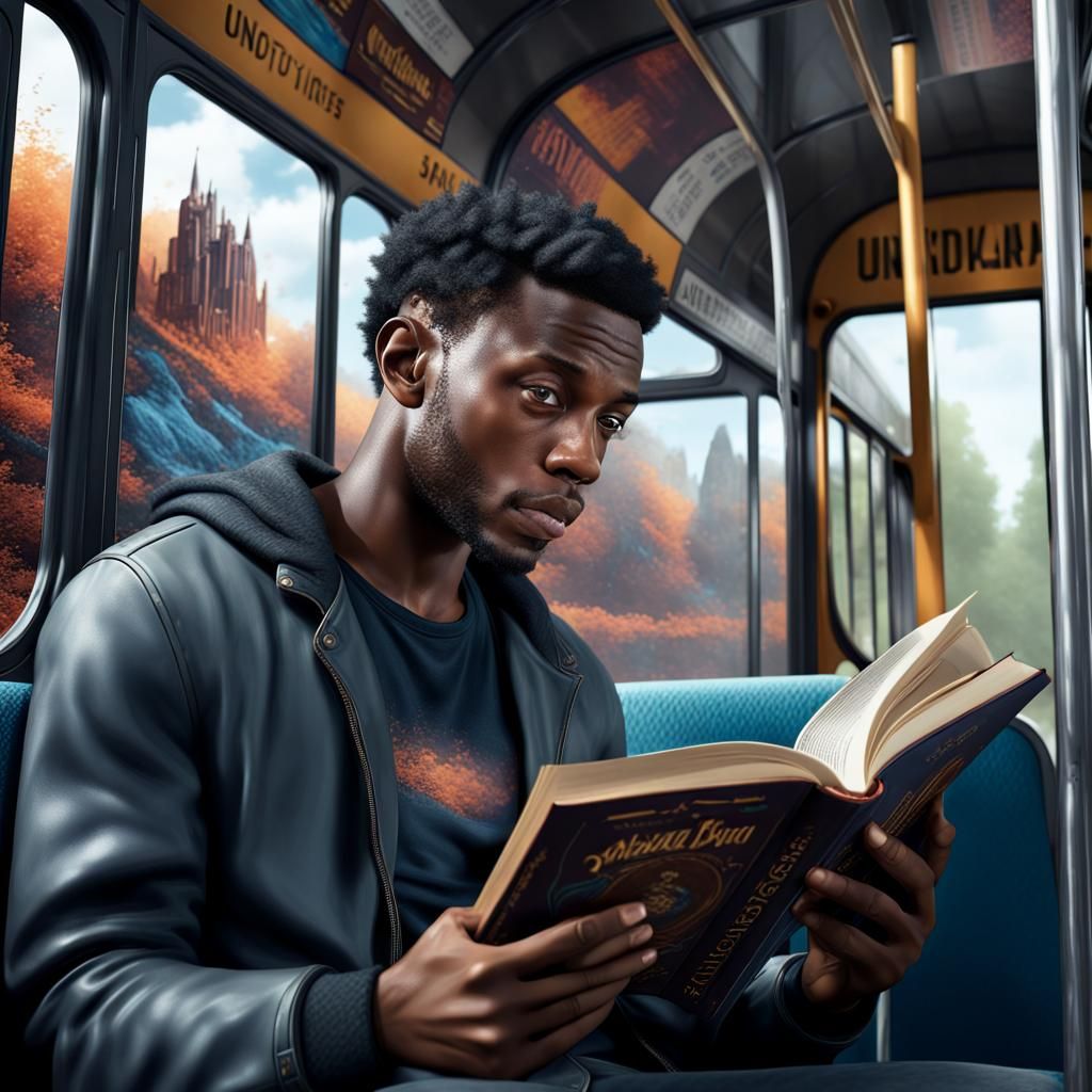African American Man Reading on Bus: Matte Painting