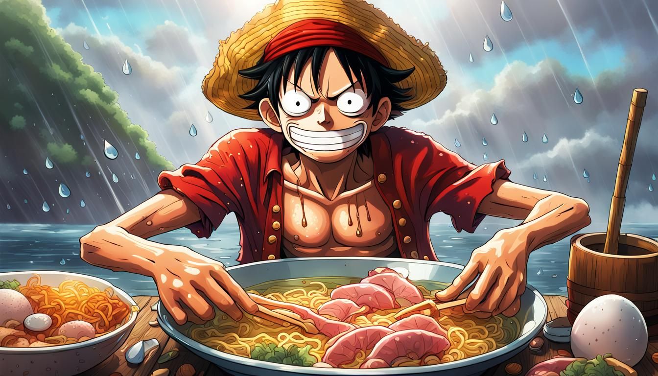 Monkey D. Luffy Eats Ramen: Hyperrealistic Splash Art
