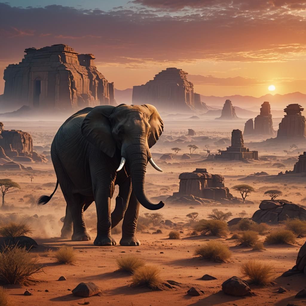 Majestic Elephant in African Sunset Landscape