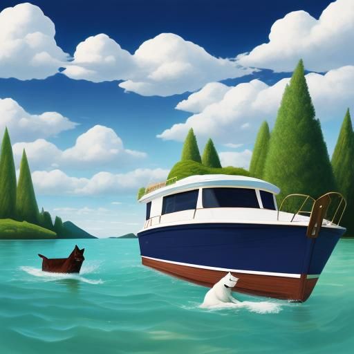 Surreal Cubist Dreamscape with Woman, Dog and Boat