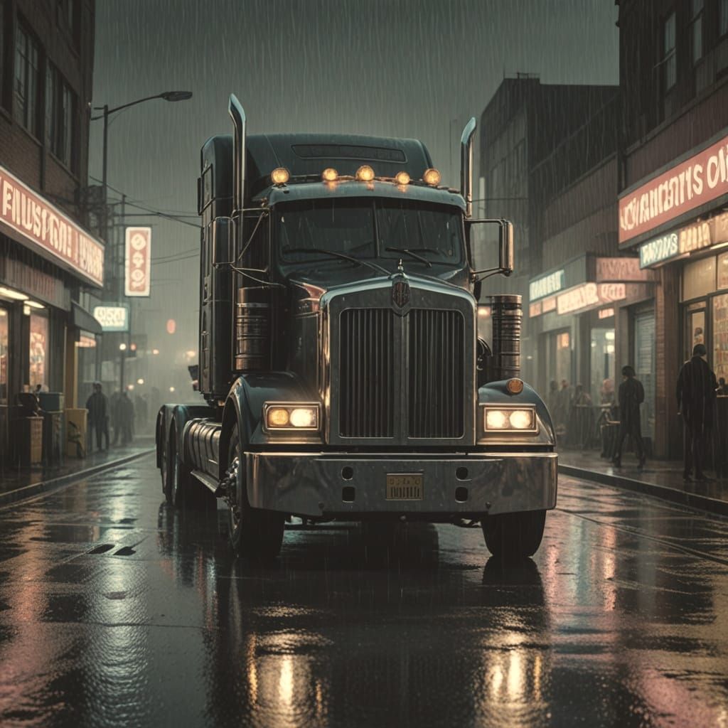 Epic Kenworth Truck Rig in Neon-Lit Fog