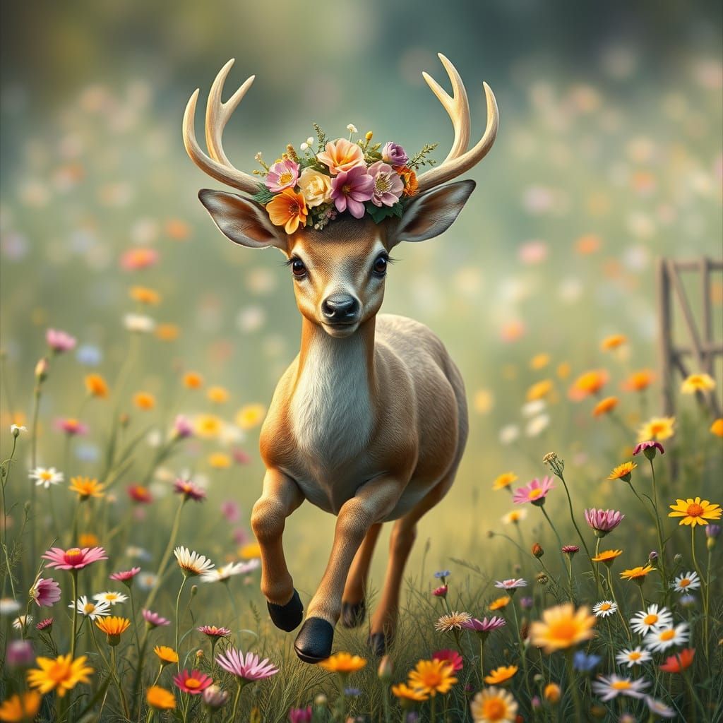Magical Deer in Wildflower Meadow: Whimsical Art