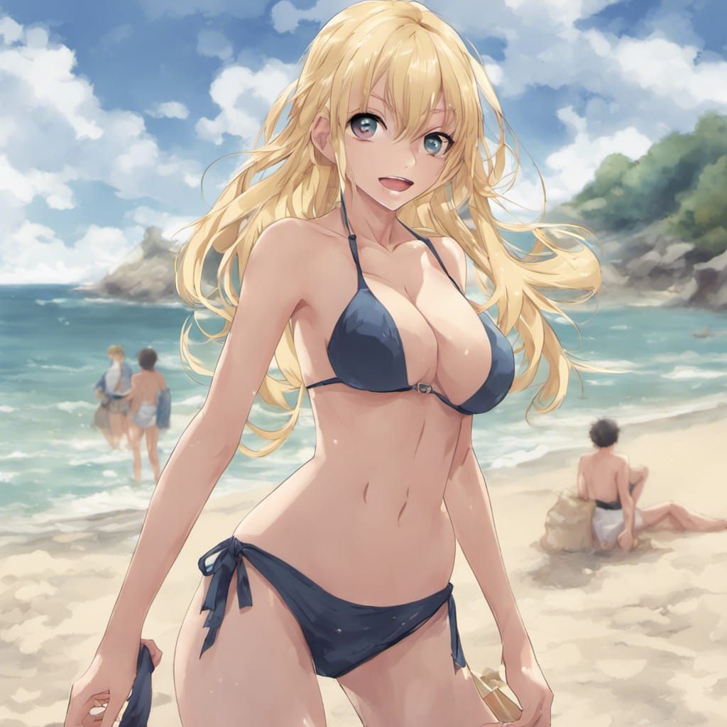 Blonde Female on Beach in Anime Style