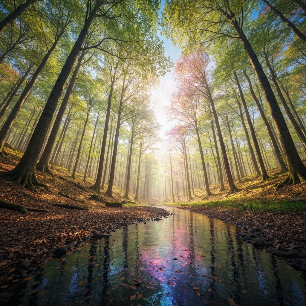 Vibrant Spring Forest Scene with River