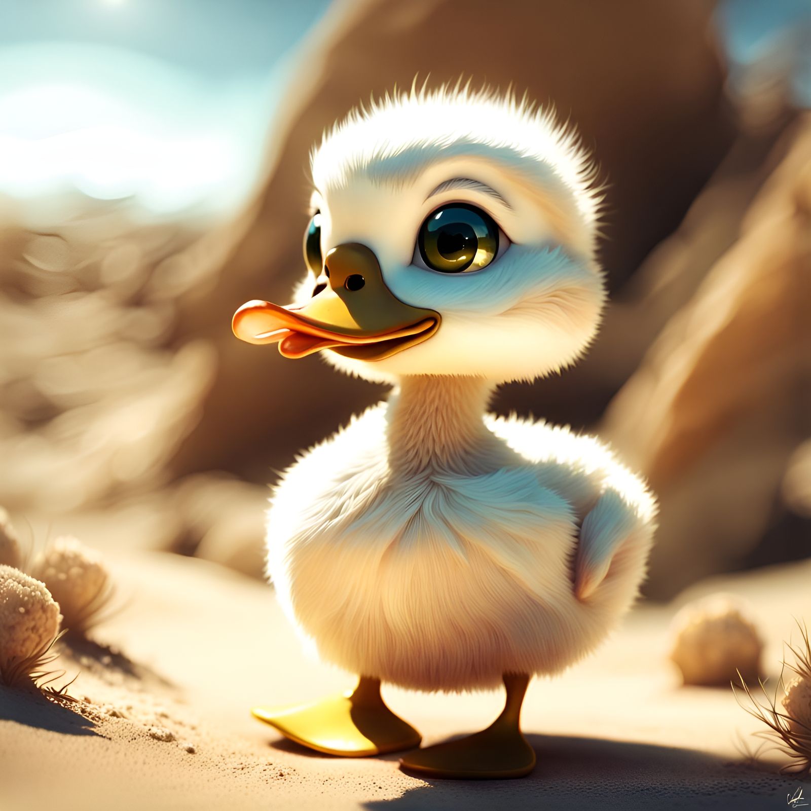 Adorable Chibi Duck with Big Eyes in Desert