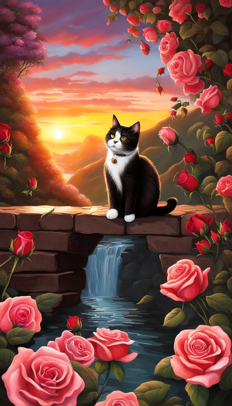 Sunset Scene with Chocolate Bridge and Cat