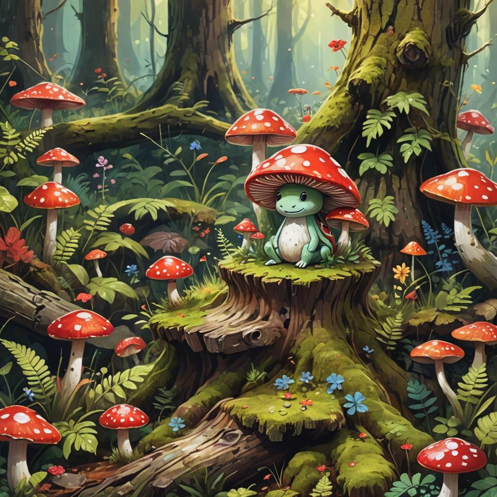 Whimsical Mushroom Creature in Forest Ecosystem