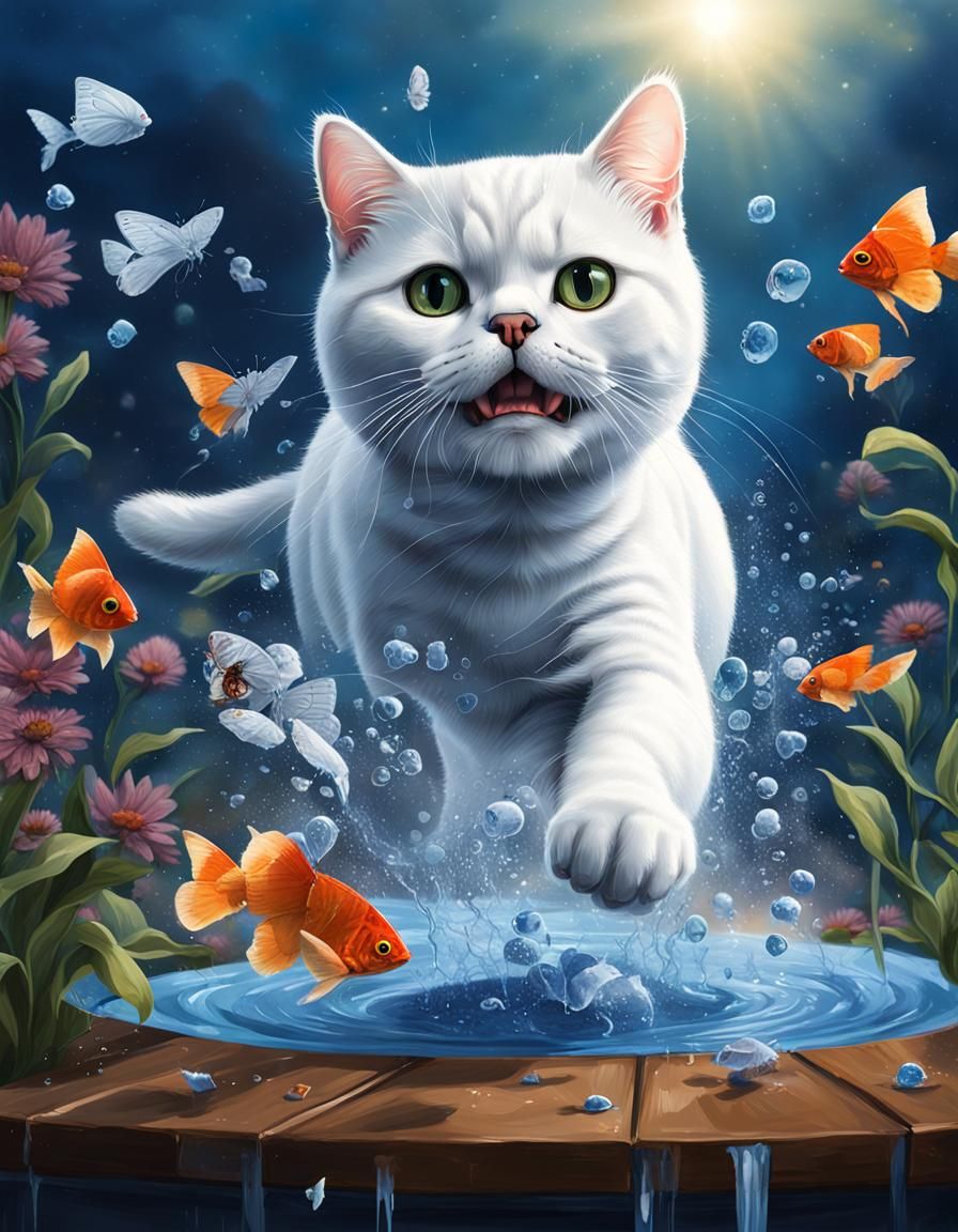 British Shorthair Cat Mid-Jump in Hyperrealistic Style