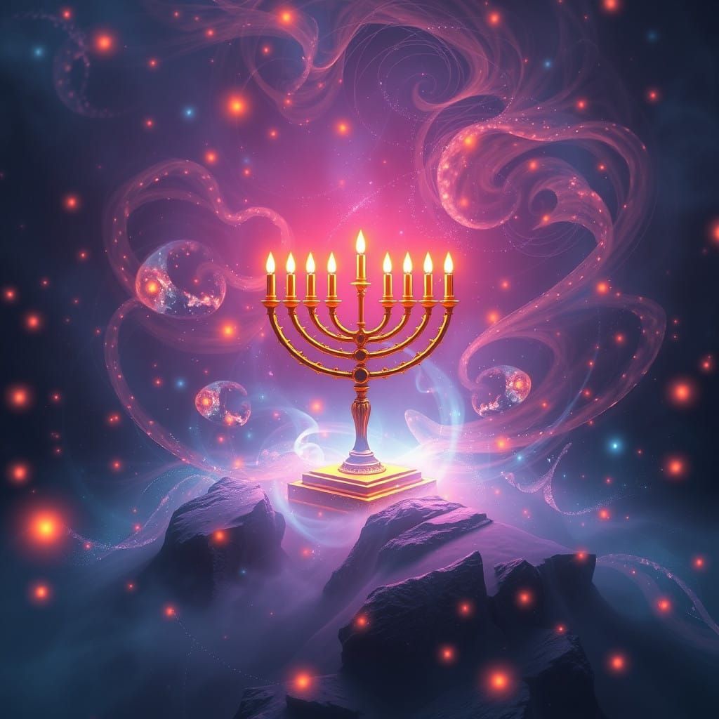 Ethereal Hanukkah Celebration: Vibrant Menorah in a Whimsica...
