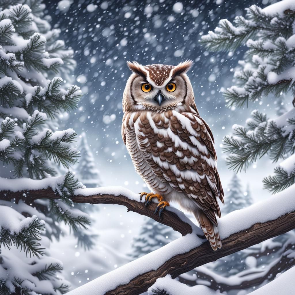 Christmas Owl in Snowy Tree: Matte Painting