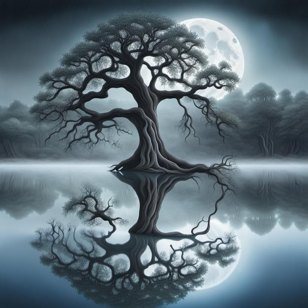 Mirror Reflection of Gnarled Tree on Calm Lake