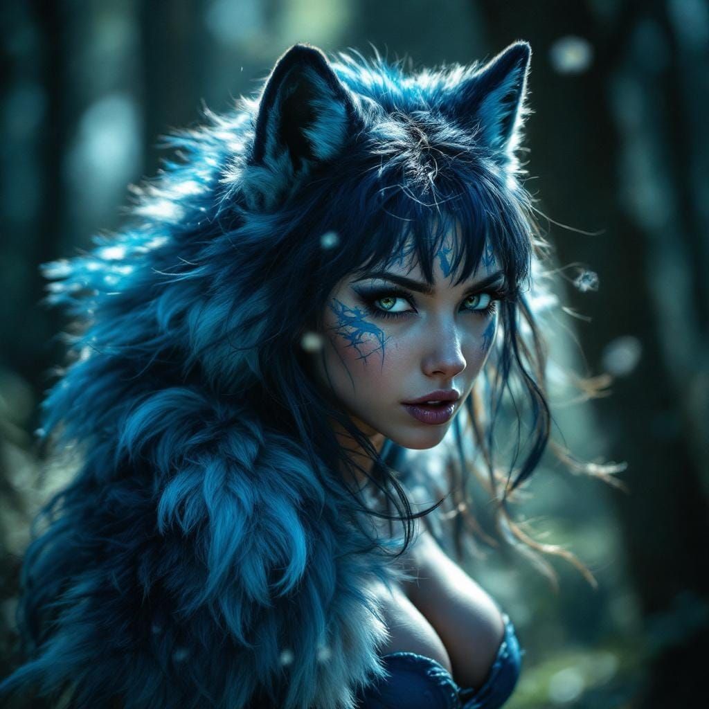 Wild Blue Wolf Girl with Dramatic Lighting