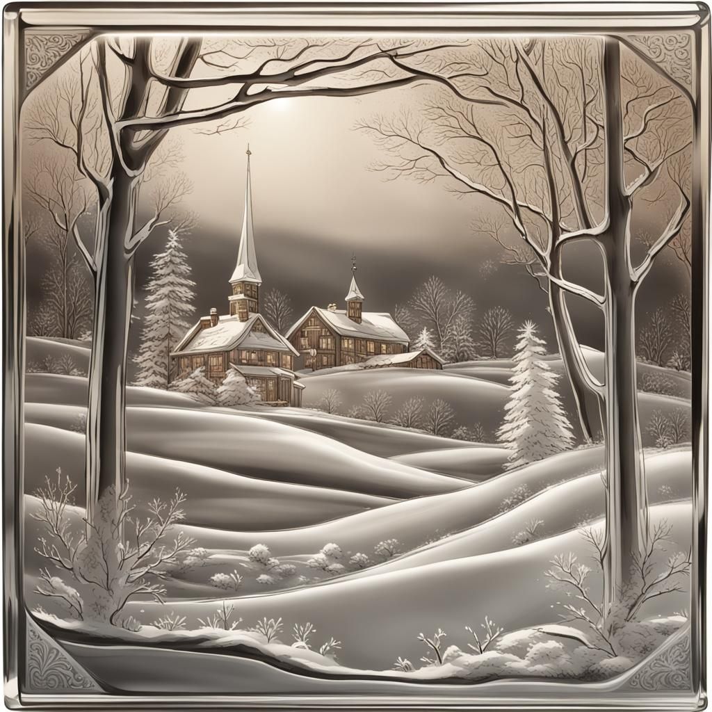 Engraved Glass Christmas Postcard Winter Scene