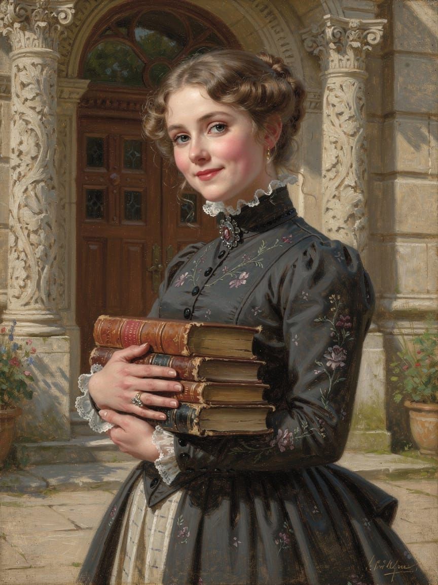 Victorian Woman with Books Outside Library Oil Painting