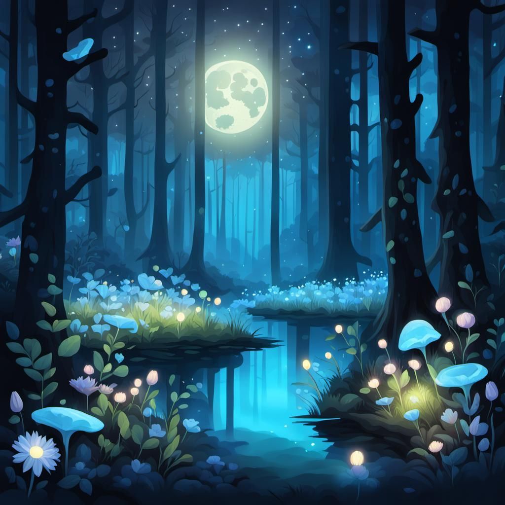 Bioluminescent Flowers Glow in Moonlit Forest