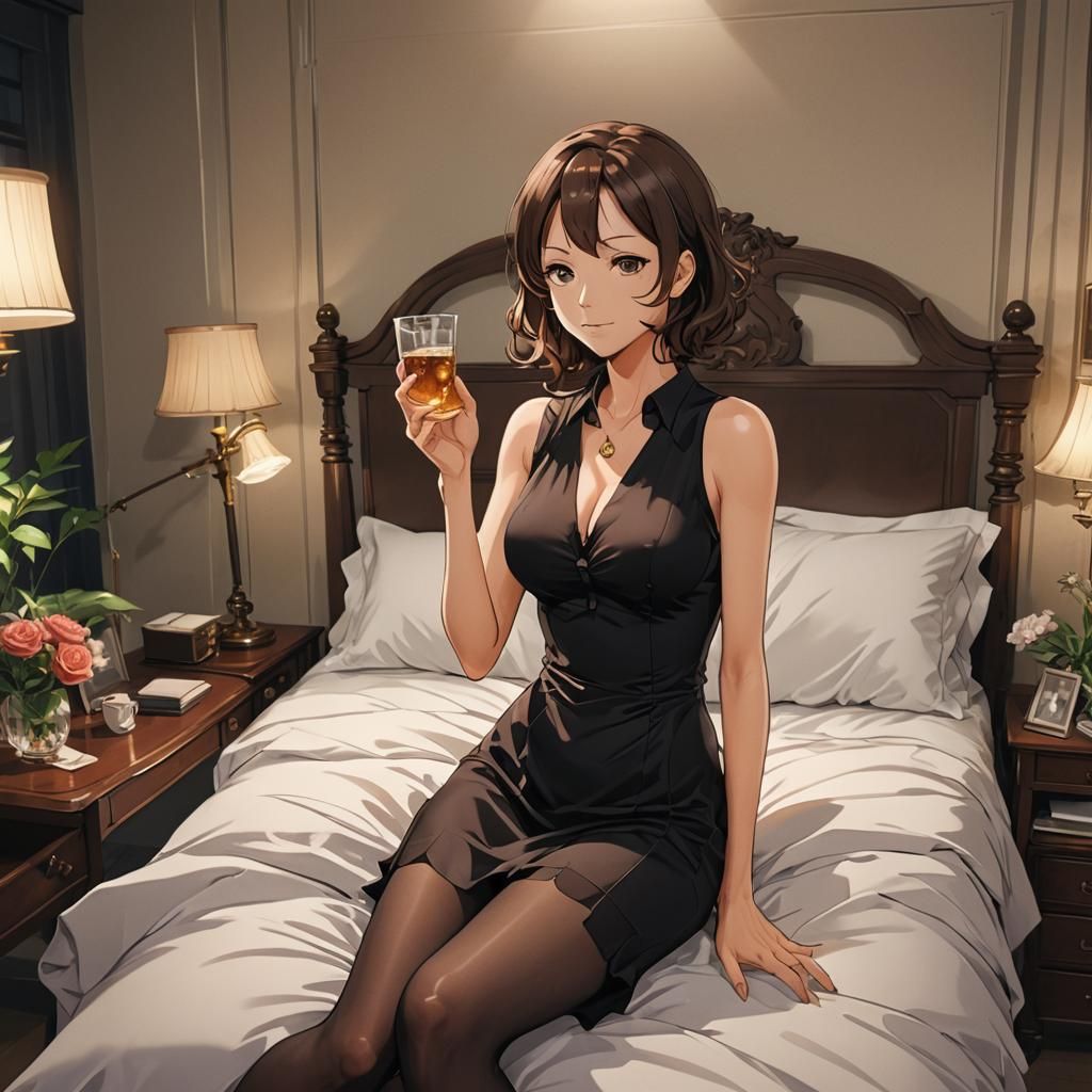 Glamorous Professor in Bedroom, Cel-Shaded Anime Style