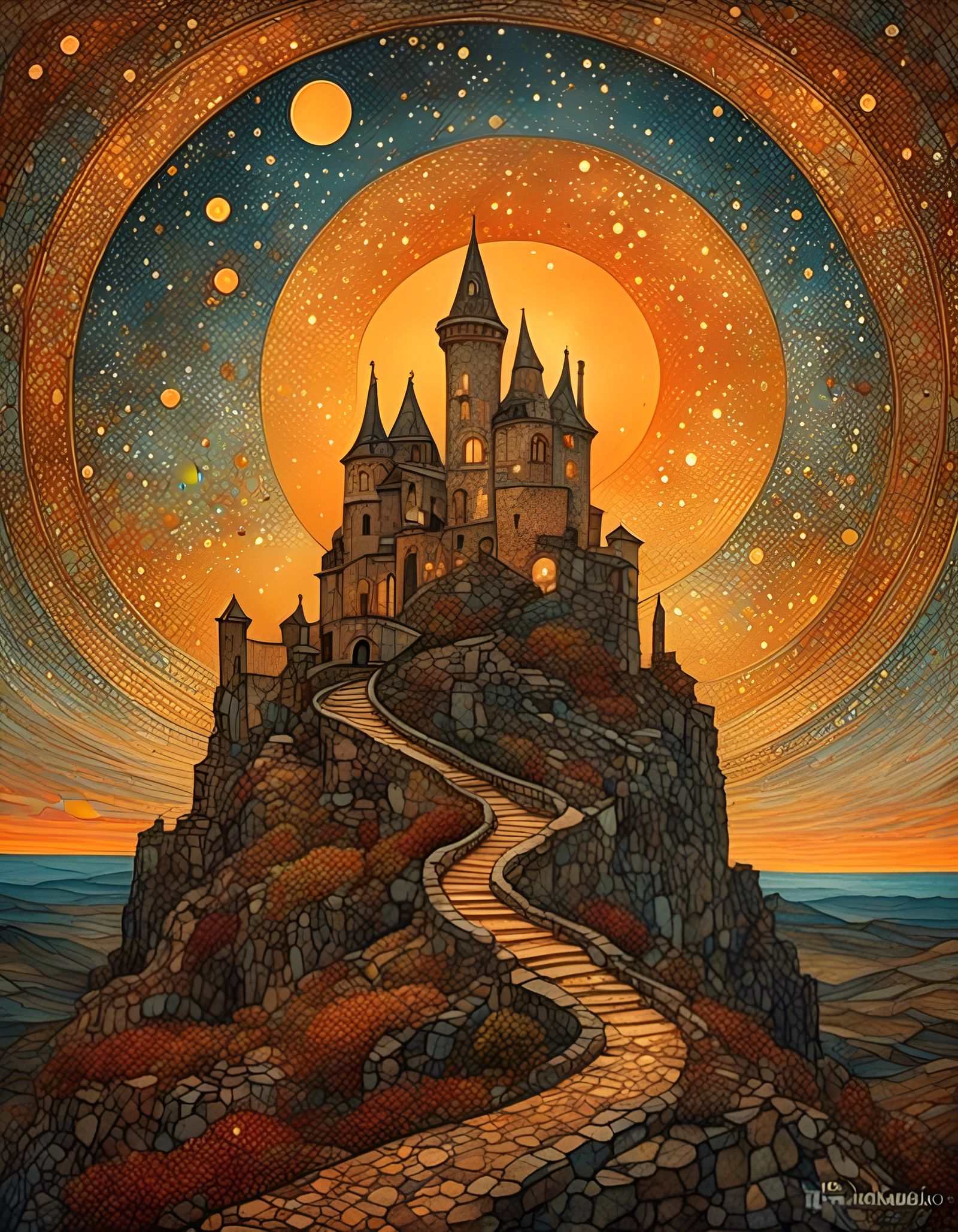 Hillside Castle with Golden Sunset and Celestial Sky