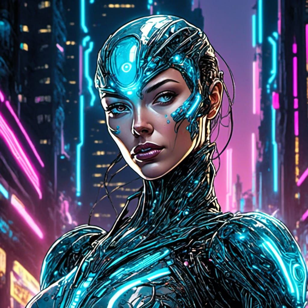Bioluminescent Cyberpunk Cyborg Portrait in Comic Book Style
