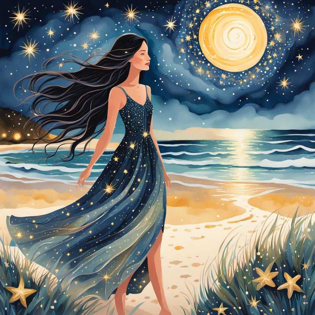Starry Woman on Beach in Gouache Style