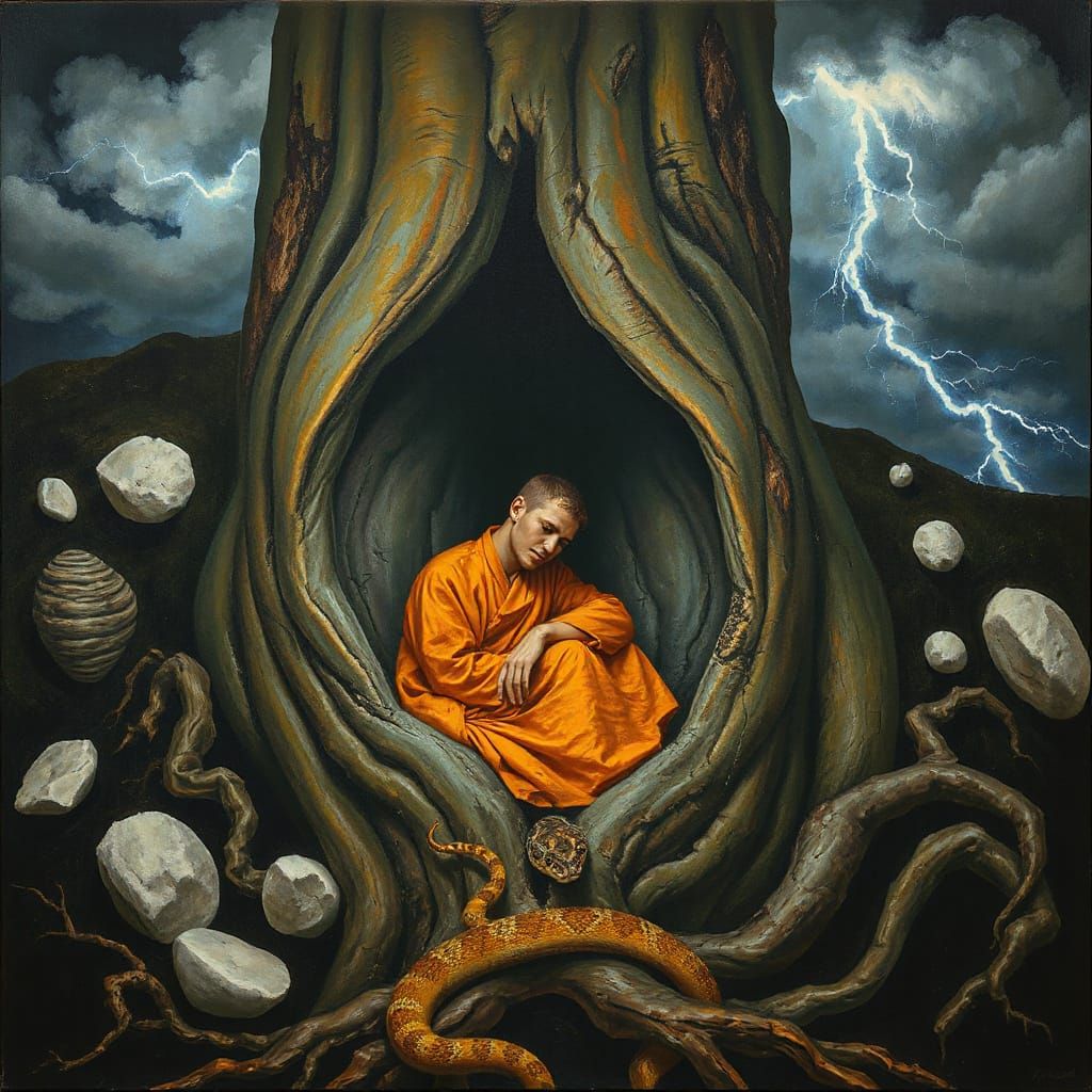 Figure in Tree with Swirling Rocks, Expressive Art