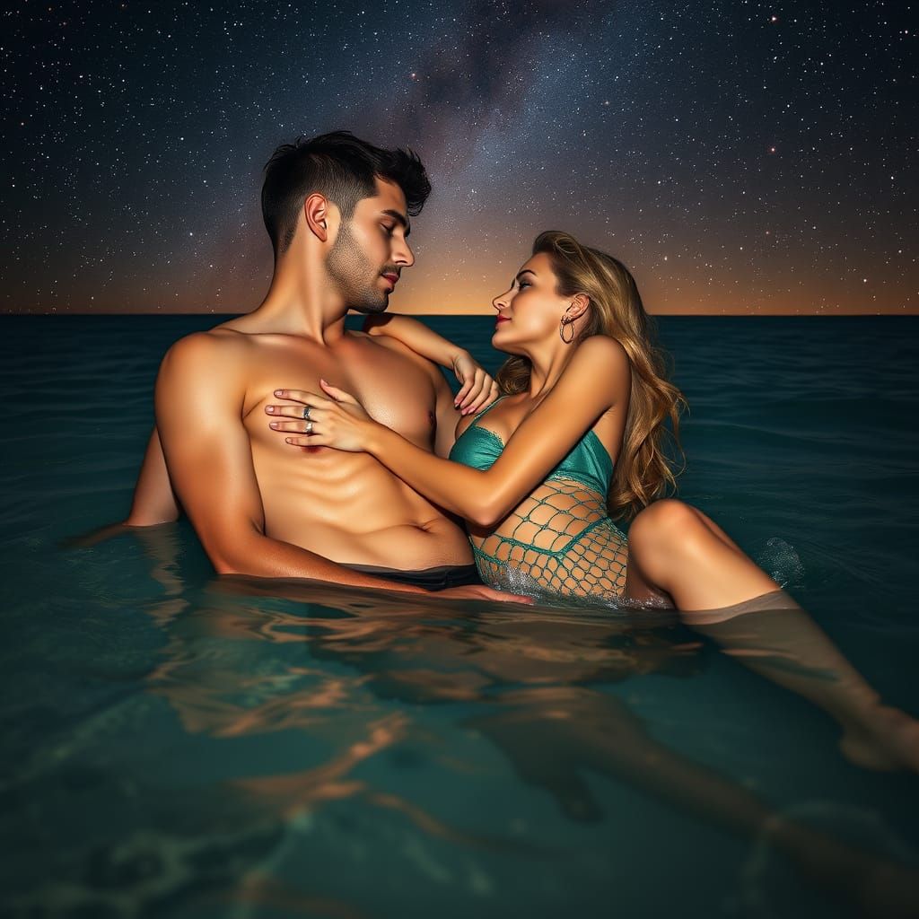 Couple in Beachwear and Rainbow Bikini Under Polar Lights