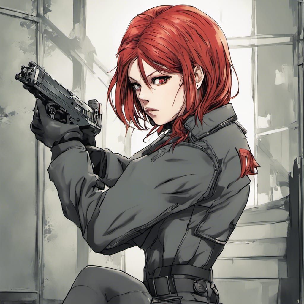 Red-Haired Resident Evil Character with Gun in Anime Style
