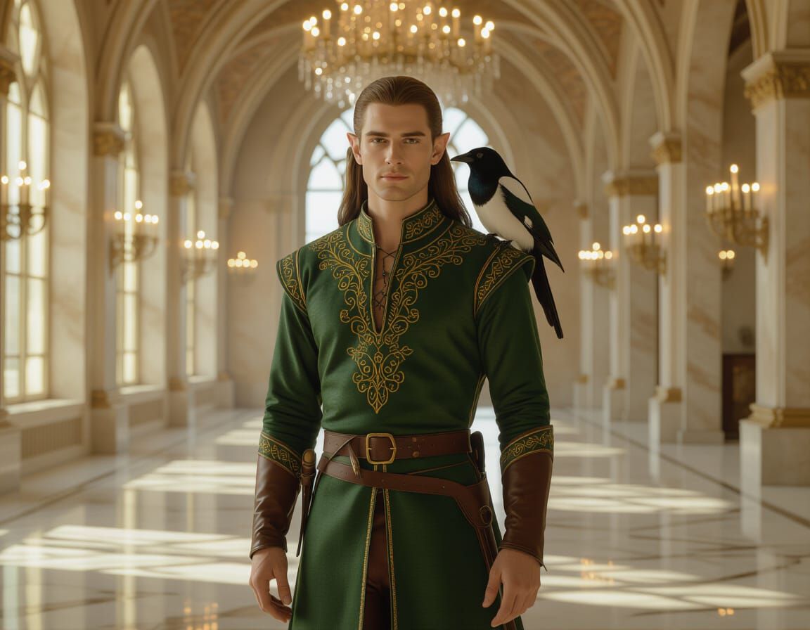 Elf in Candlelit Ballroom with Magpie Companion