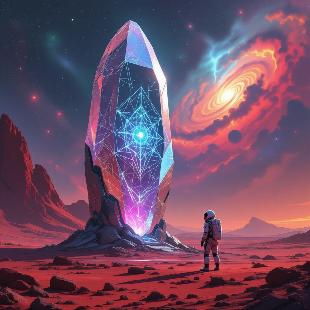Astronaut and Alien Artifact on Crimson Planet