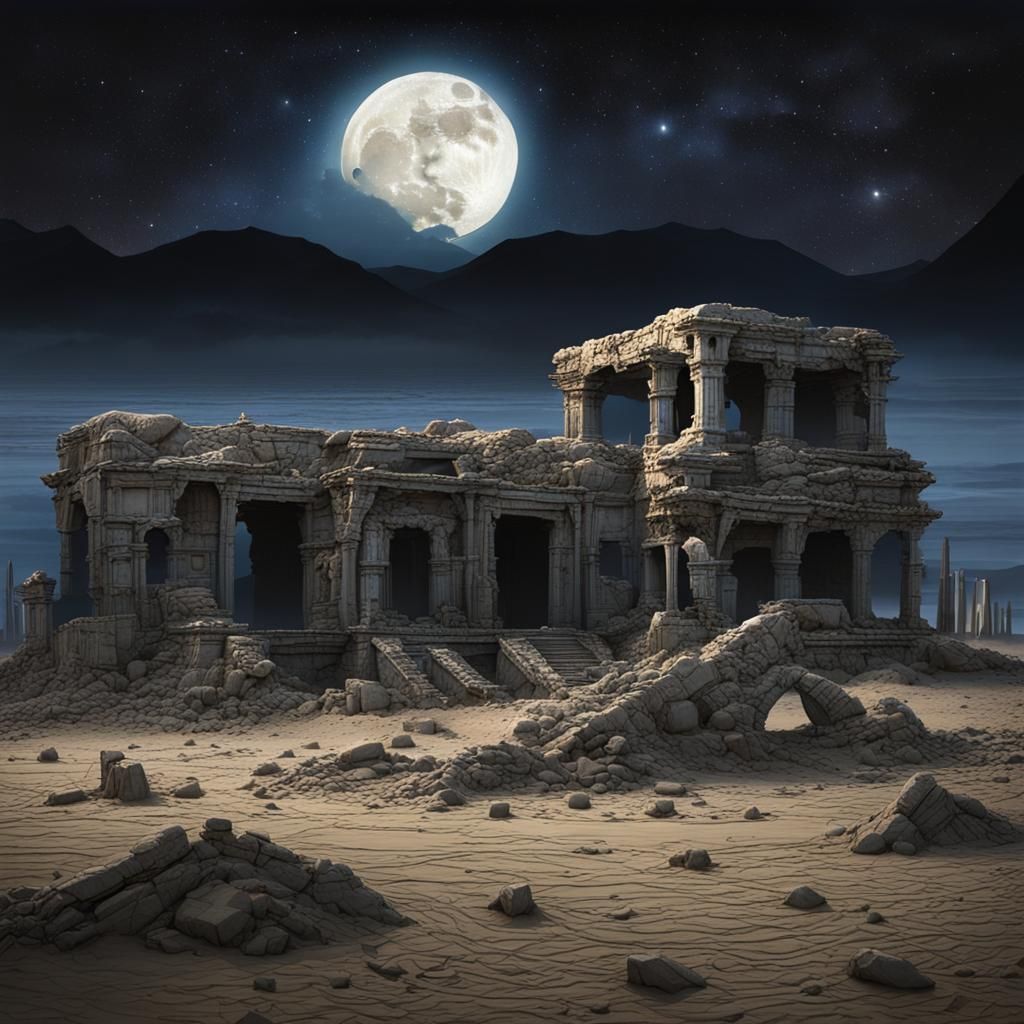 Eerie Alien Ruins Under Moonlight
