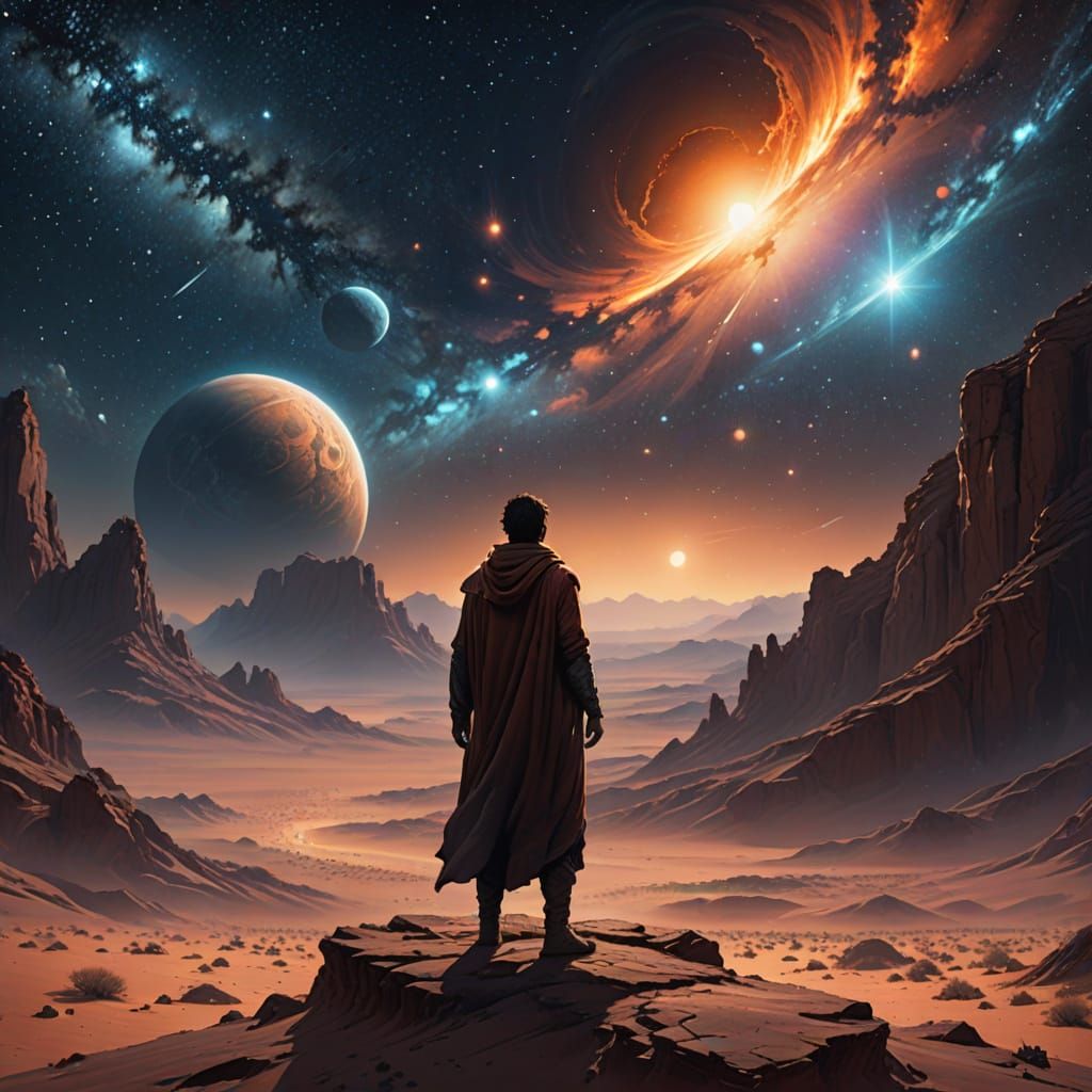 Lone Explorer at World's Edge Under Starry Sky