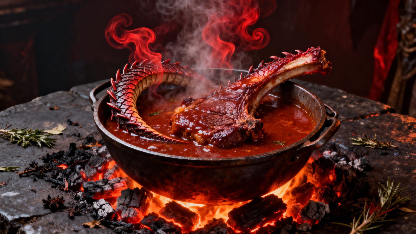 Wyvern Rib Stew in Emberlight Cauldron