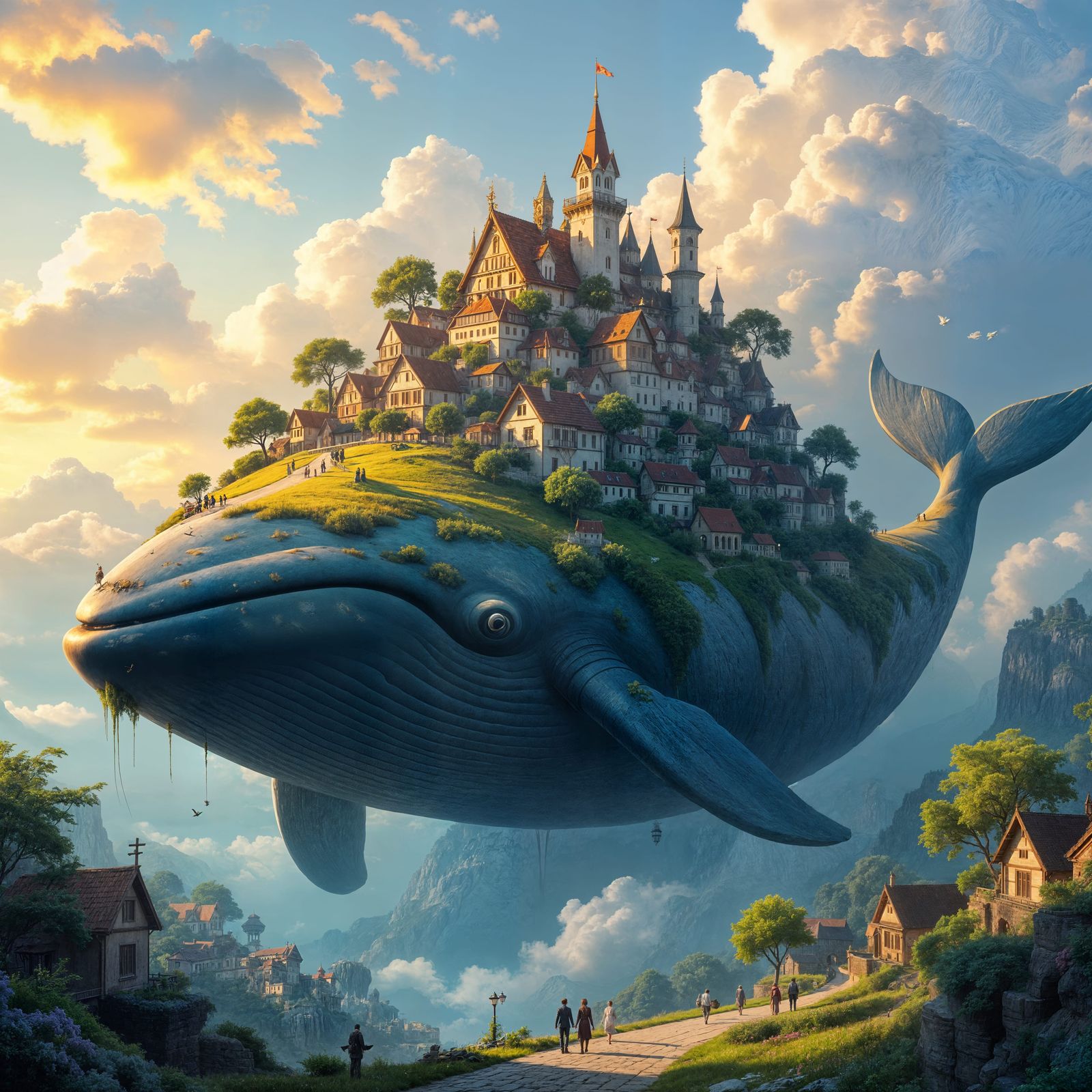 Village Built on Giant Whale, Cinematic Digital Matte Painti...