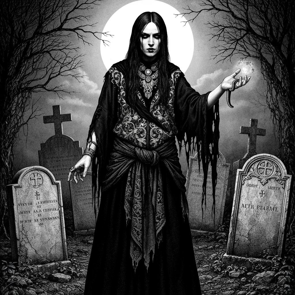 Shaman Conjures Dark Energy Among Moonlight Tomstones