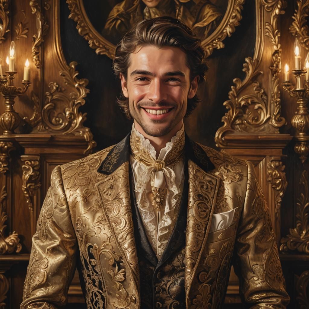Baroque Portrait of a Smiling Man in Elaborate Suit