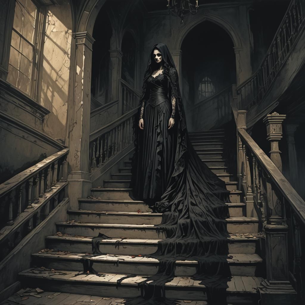 Eerie Shadow Bride on a Dimly Lit Stairway