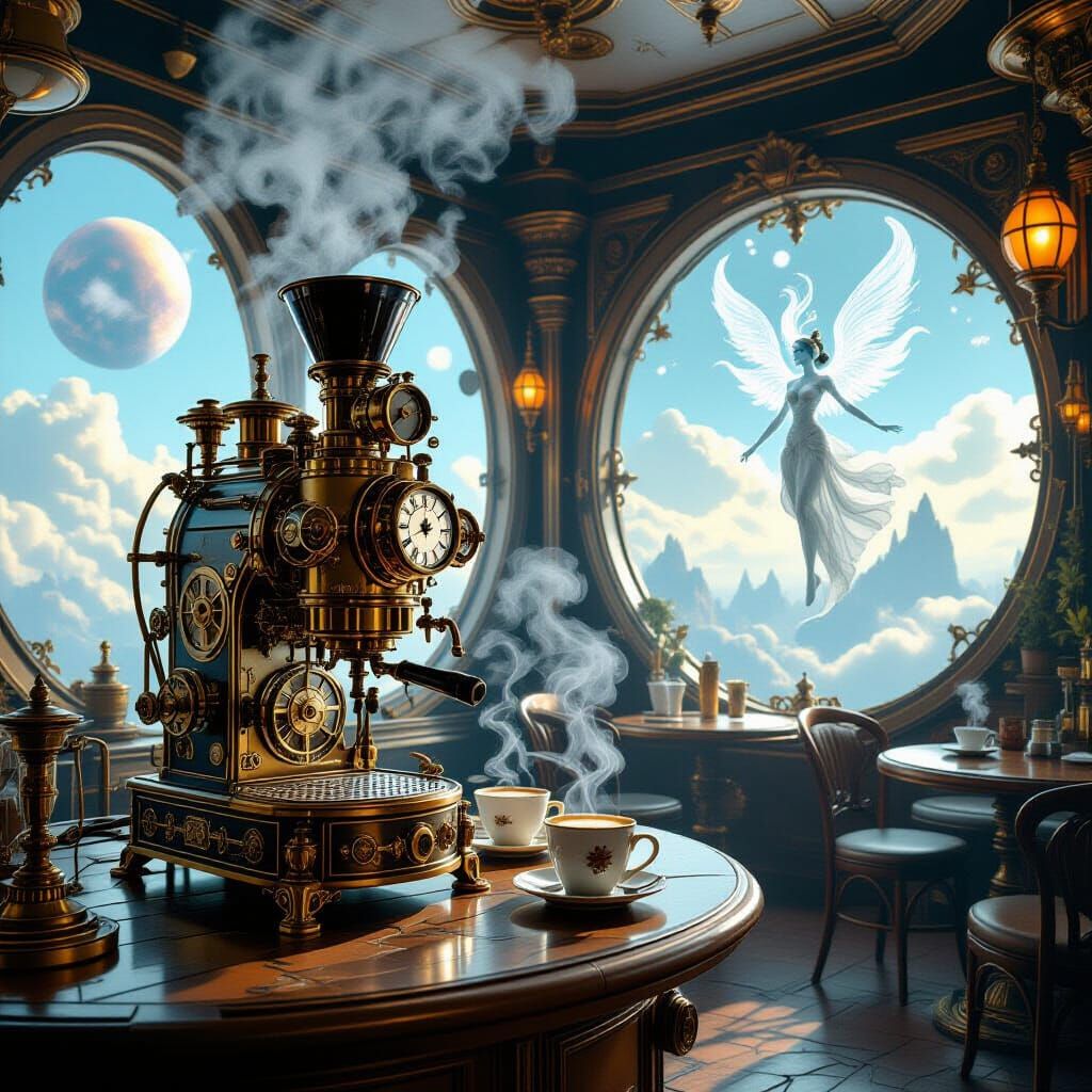 Steampunk Cafe With Clockwork Machines On Floating Island