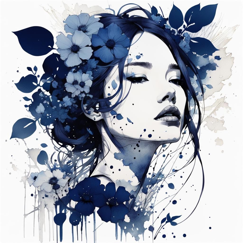 Detailed Ink Portrait with Navy Flowers