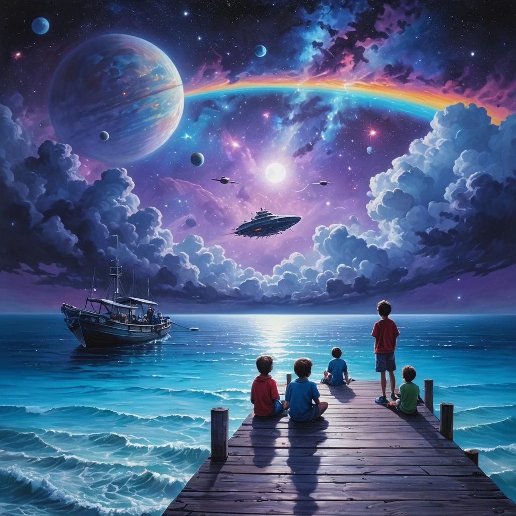 Sci-Fi Children Watch Spaceships Over Alien Ocean