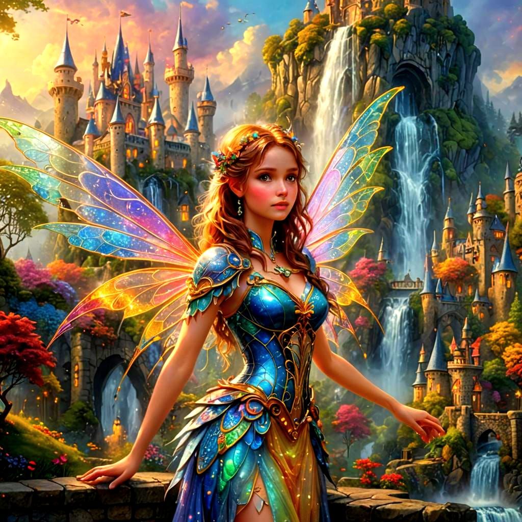 Fantasy Fairy with Sparkling Wings and Castle